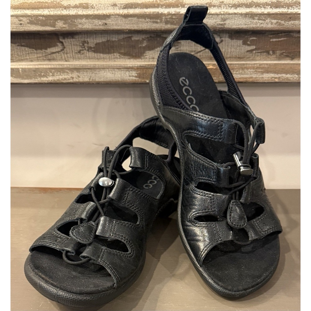 Ecco Jab Toggle Black Leather Lightweight Flat Comfort Sandals Size 6/37